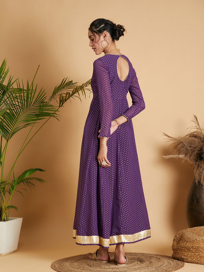 Women Purple Dot Foil Print Anarkali Dress