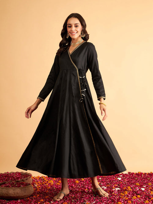 Women Black Angrakha Anarkali Dress With Slip