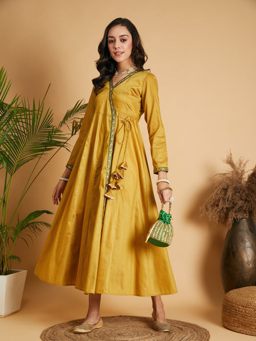 Women Mustard Angrakha Anarkali Dress With Slip