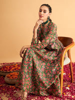 Women Green Floral Wrap Anarkali Maxi Dress