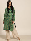 Green Jacquard Floral Self-Belt Long Jacket