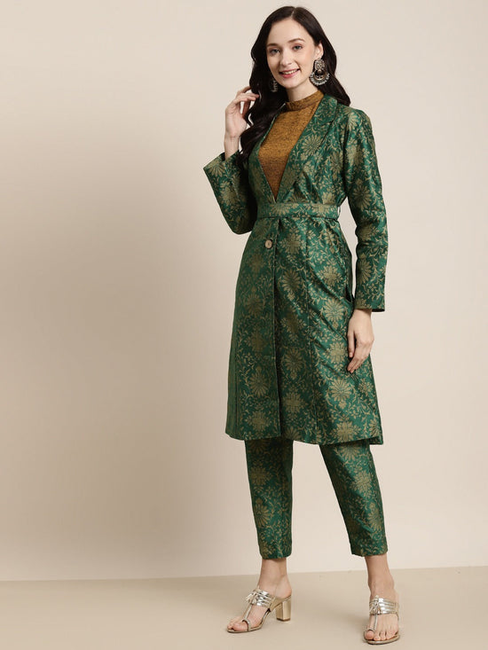 Green Jacquard Floral Self-Belt Long Jacket