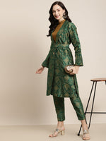 Green Jacquard Floral Self-Belt Long Jacket