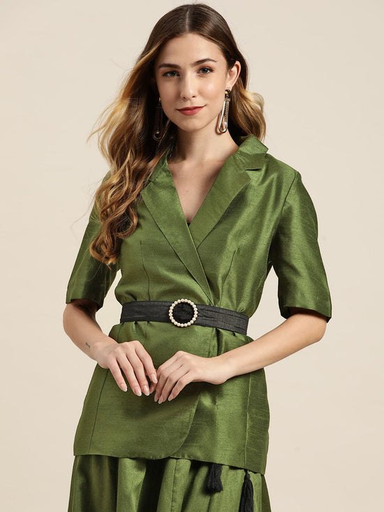 Green Short Sleeve Fabric-Belt Blazer