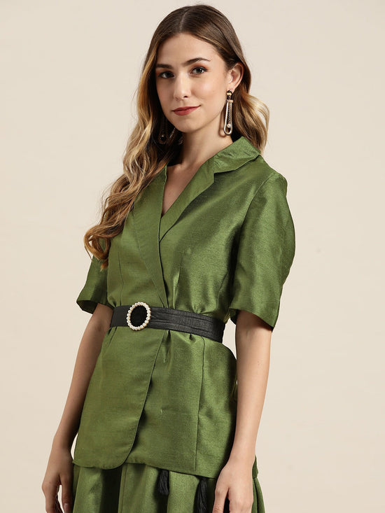 Green Short Sleeve Fabric-Belt Blazer