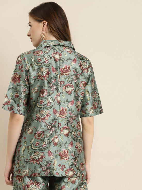 Olive Floral Short Sleeves Blazer