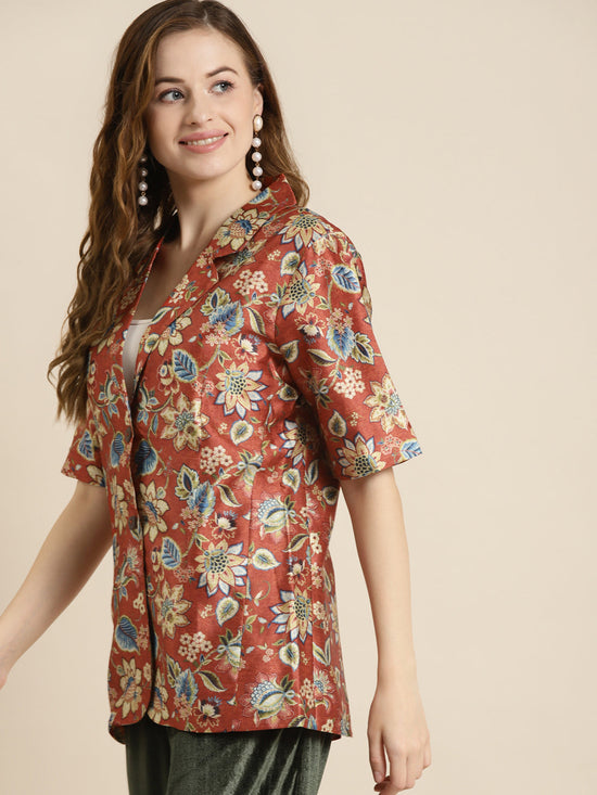 Orange Floral Short Sleeves Blazer