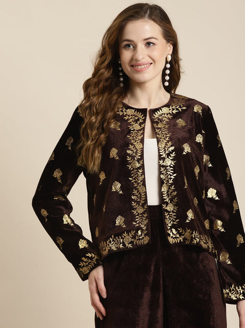 Brown Velvet Foil Print Jacket