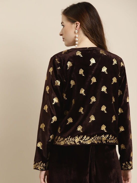 Brown Velvet Foil Print Jacket