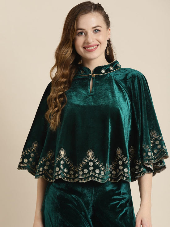 Teal Velvet Embroidered Poncho