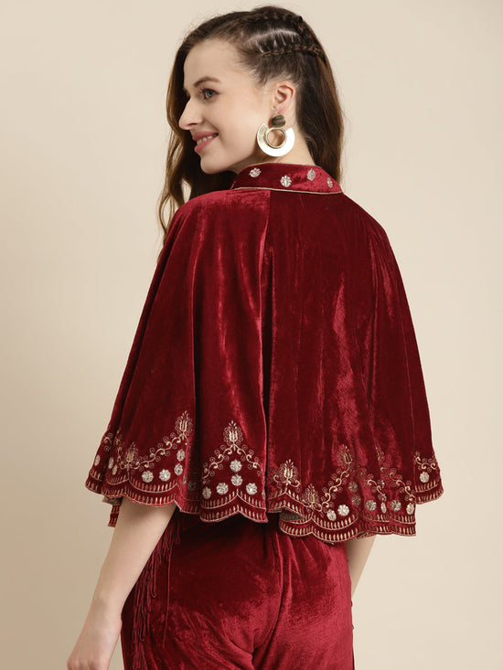 Maroon Velvet Embroidered Poncho