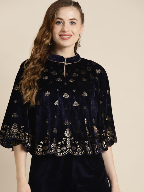 Navy Velvet Foil Print Poncho