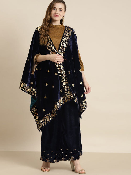 Navy Velvet Foil Print Cape Jacket