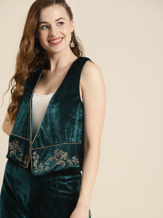 Teal Embroidered Velvet Waistcoat