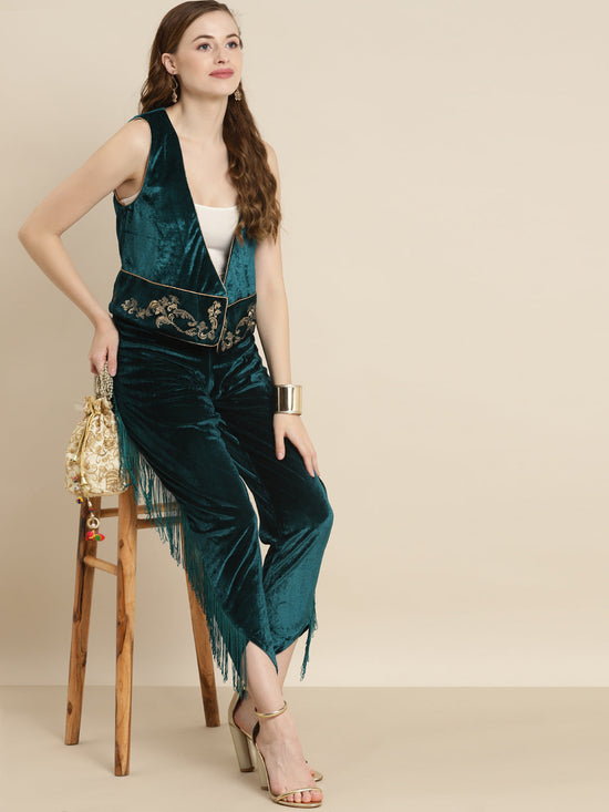 Teal Embroidered Velvet Waistcoat