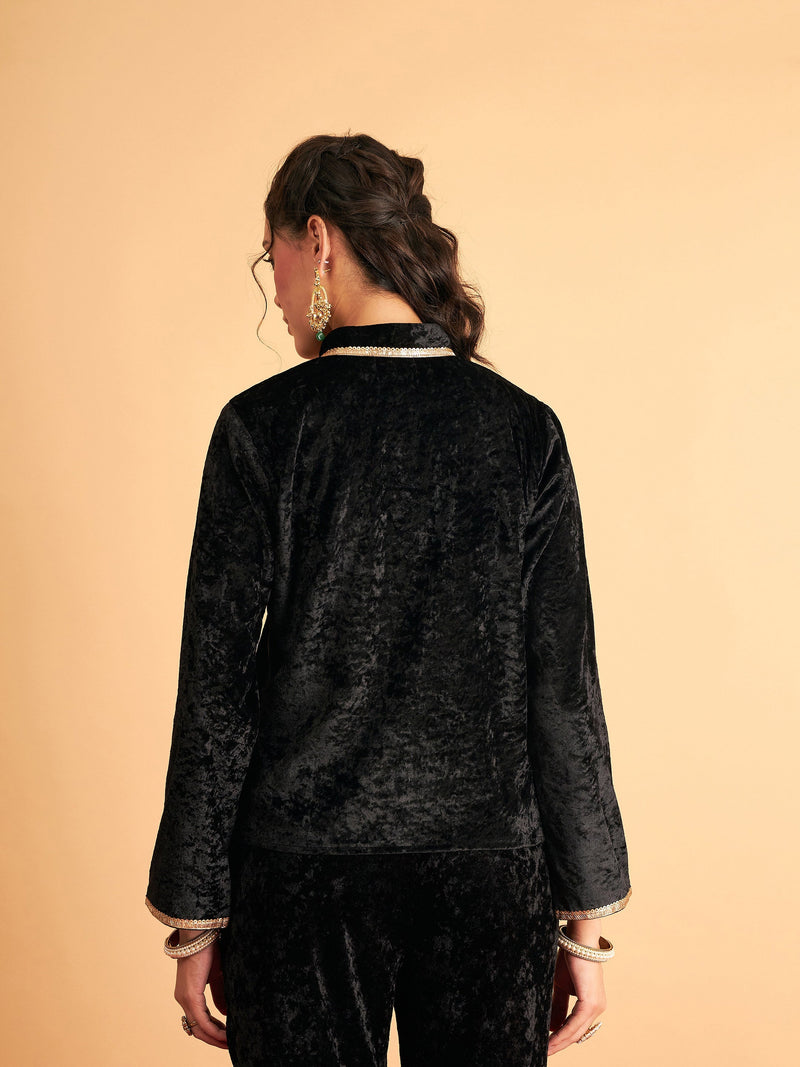 Women Black Velvet Front Embroidered Jacket