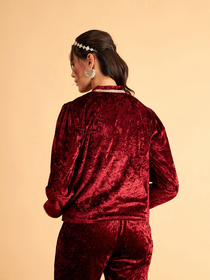 Women Maroon Velvet Front Embroidered Jacket