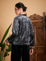 Women Grey Velvet Embroidered Jacket