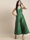 Green Foil Print Fabric-Belt Jumpsuit