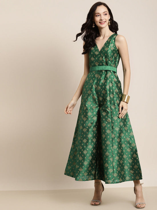 Green Foil Print Fabric-Belt Jumpsuit