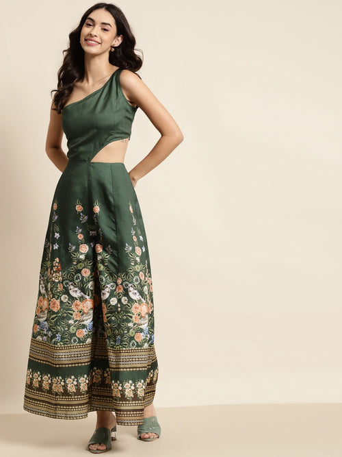 Green Floral One Shoulder Kali Jumpsuit