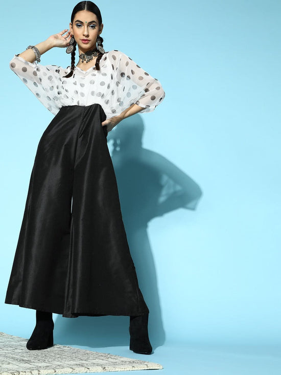 Women White & Black Polka Kimono Sleeves Jumpsuit