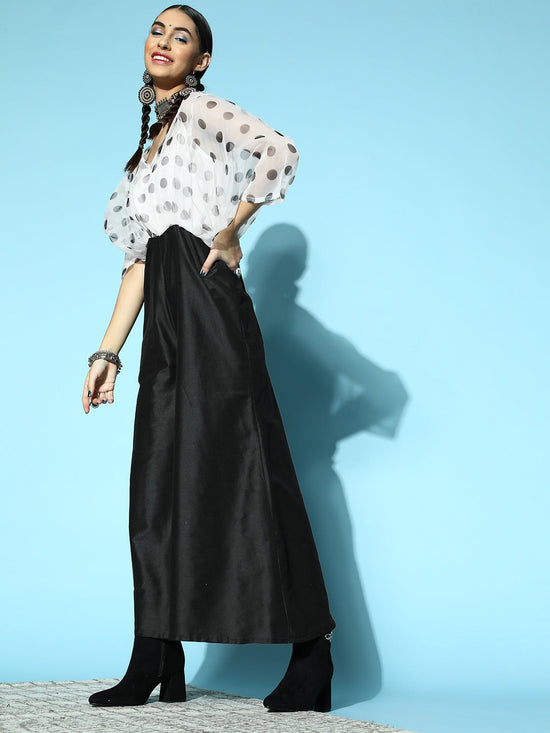 Women White & Black Polka Kimono Sleeves Jumpsuit