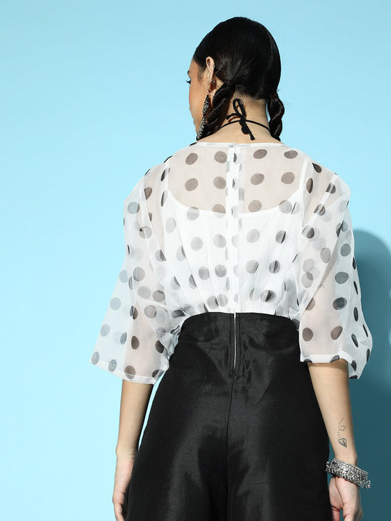 Women White & Black Polka Kimono Sleeves Jumpsuit