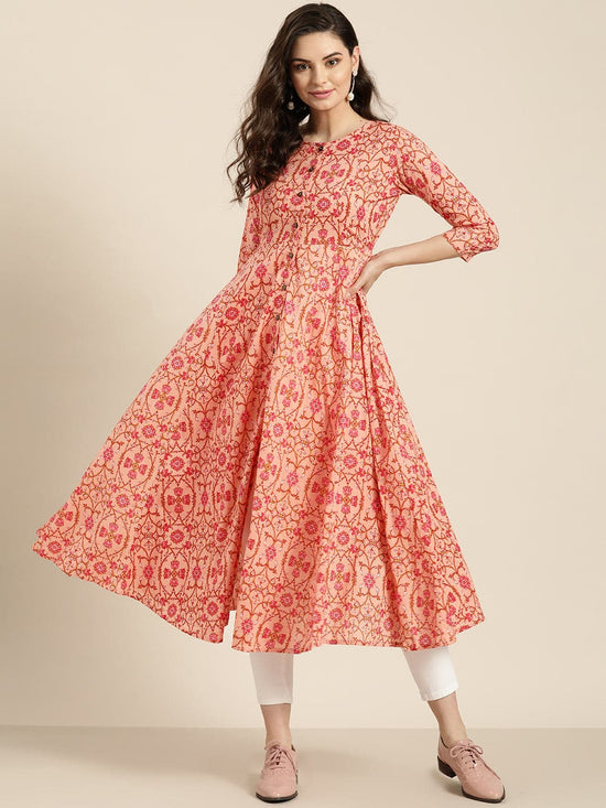 Peach Floral Front Open Anarkali Kurta