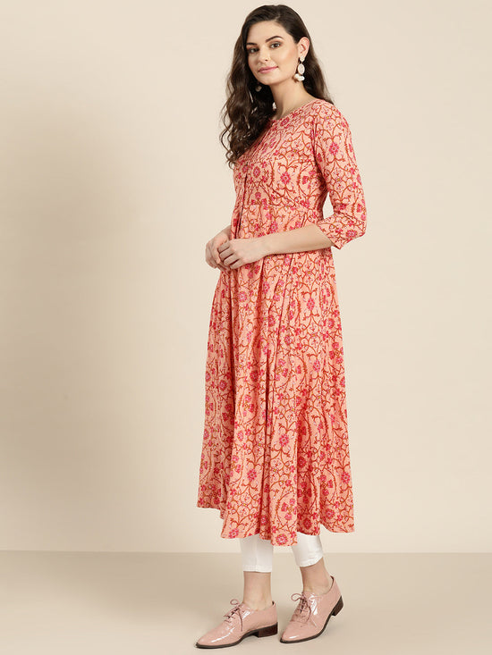 Peach Floral Front Open Anarkali Kurta