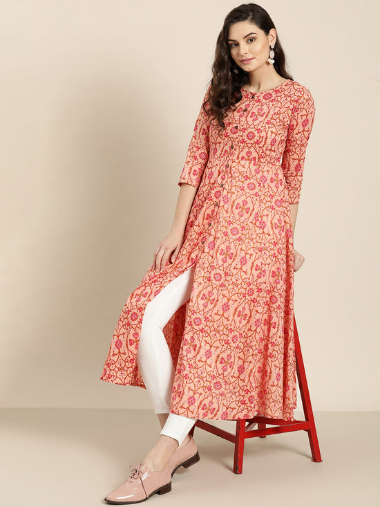 Peach Floral Front Open Anarkali Kurta