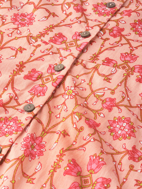 Peach Floral Front Open Anarkali Kurta