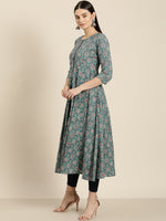 Sea Green Floral Front Open Anarkali Kurta