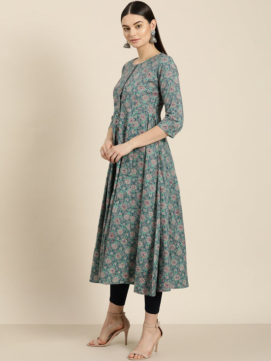 Sea Green Floral Front Open Anarkali Kurta