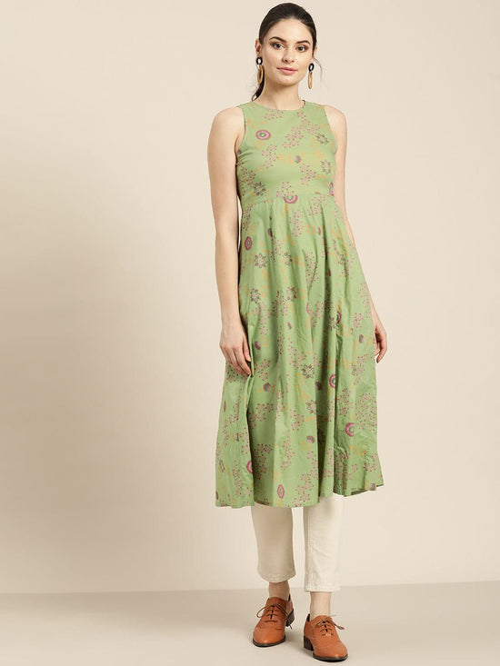 Green Printed Sleeveless Kurta