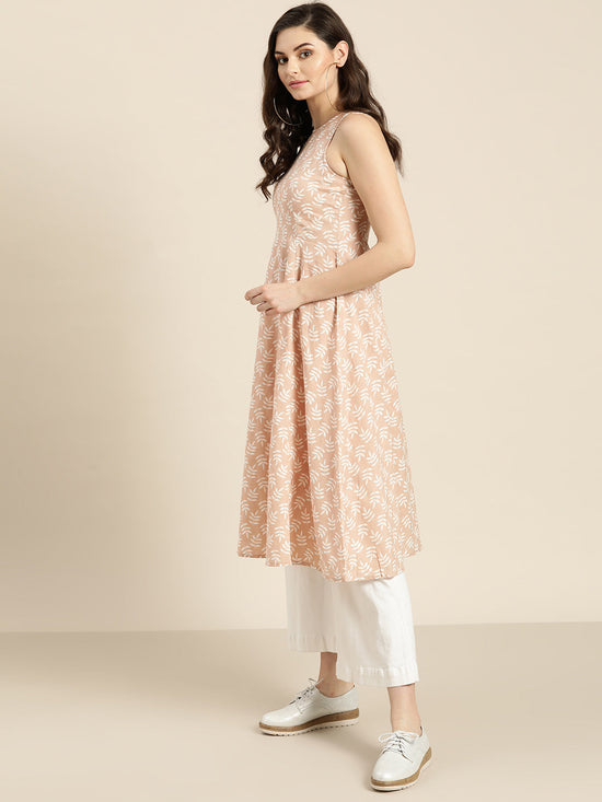 Peach Printed Sleeveless Kurta