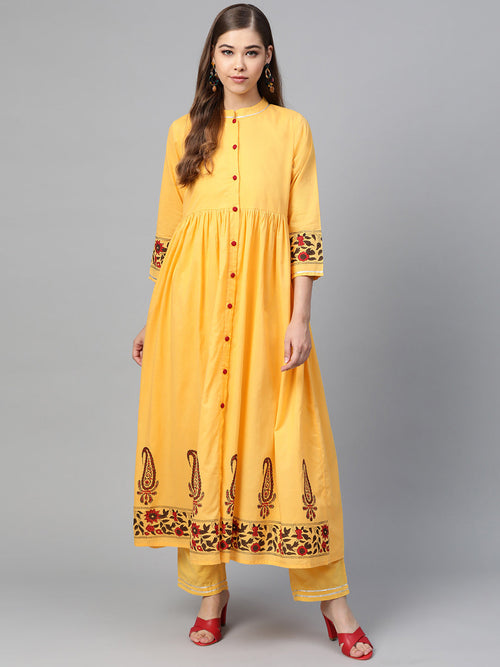 Yellow Border Block Print Front Button Kurta