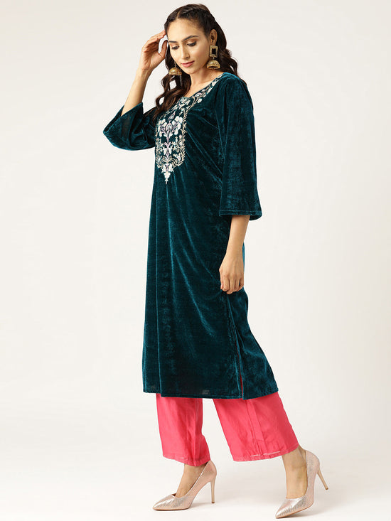 Green Zari Floral Embroidery Velvet Kurta