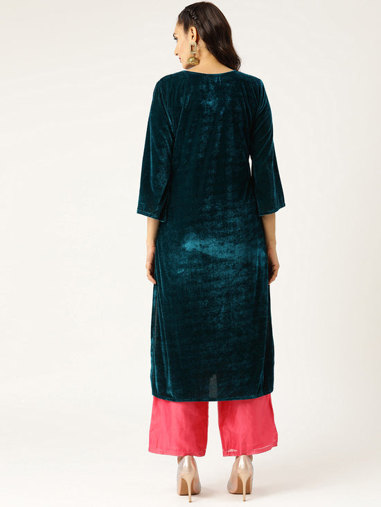 Green Zari Floral Embroidery Velvet Kurta