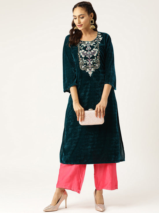 Green Zari Floral Embroidery Velvet Kurta