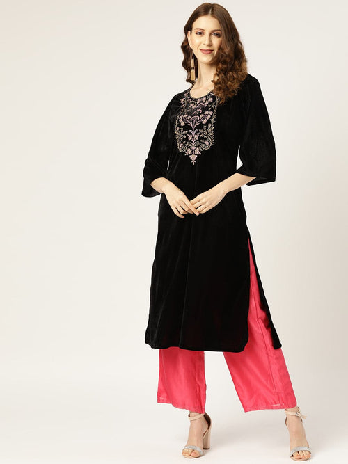 Black Zari Floral Embroidery Velvet Kurta