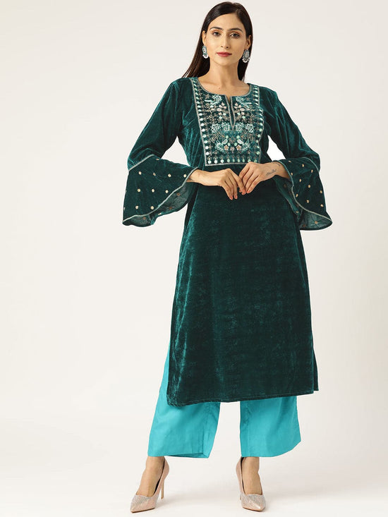 Green Velvet Flute Sleeve Embroidery Kurta