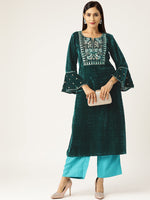 Green Velvet Flute Sleeve Embroidery Kurta