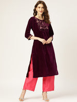 Purple Embroidered Straight Velvet Kurta