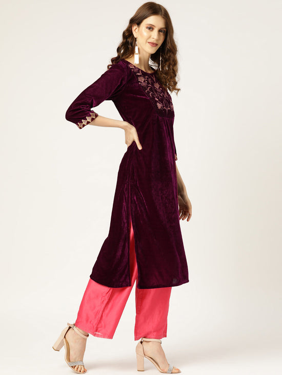 Purple Embroidered Straight Velvet Kurta