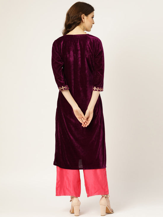 Purple Embroidered Straight Velvet Kurta