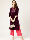 Purple Embroidered Straight Velvet Kurta