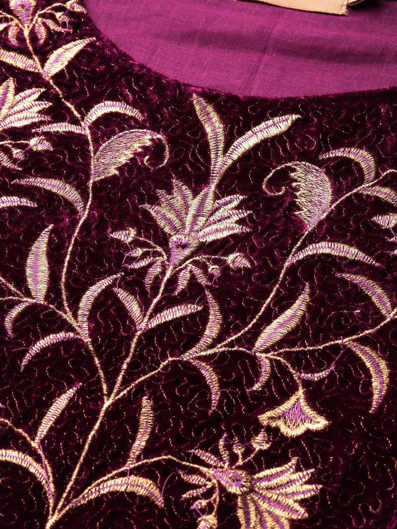 Purple Embroidered Straight Velvet Kurta