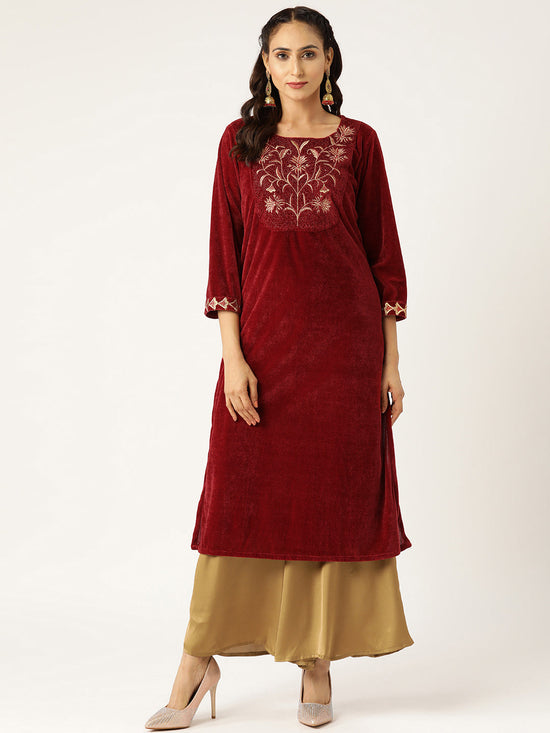 Maroon Embroidered Straight Velvet Kurta