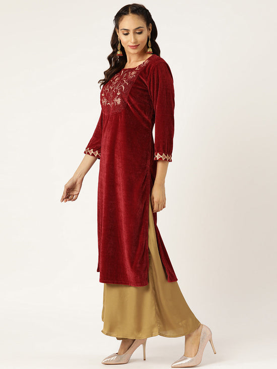 Maroon Embroidered Straight Velvet Kurta